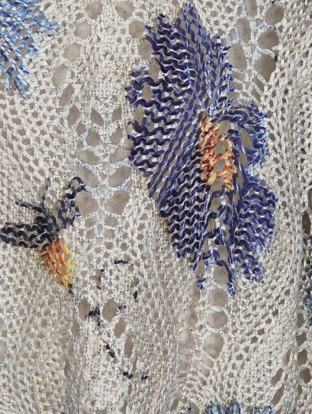 Cream Open Knit Sweater Blue Floral Print Oversized Lightweight Boho Summer Top - Picture 5 of 7